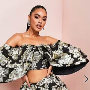 ASOS LUXE jacquard triple ruffle bardot top in black and gold (UK 10/US 6)